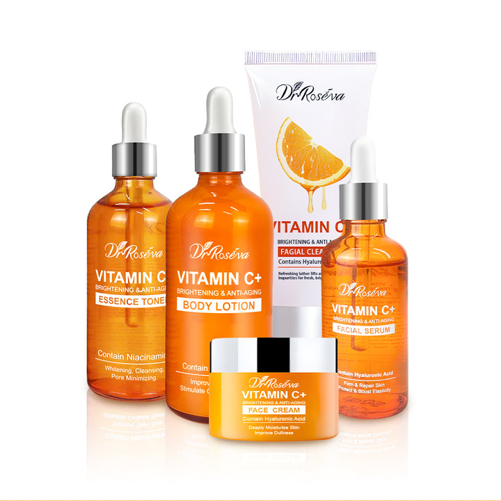 Dr.ROSEVA Private Label Natural Organic Anti Aging Products VC Vitamin C Facial Skincare Cream Serum Cleanser 5 Pieces Skin Care Set Skin Care Gift Kit